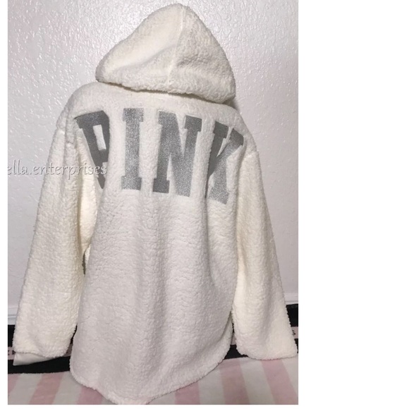 VS Pink White Silver Sherpa Quarter Zip Hoodie